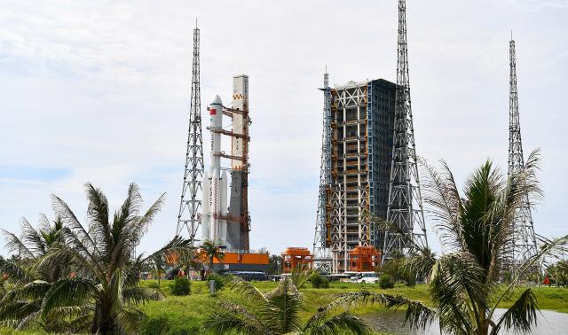 (250712) -- WENCHANG, July 12, 2025 (Xinhua) -- This photo taken on July 12, 2025 shows the combination of the Tianzhou-9 cargo craft, tasked with carrying supplies to China's space station, and a Long March-7 carrier rocket being vertically transferred to the launch site in Wenchang Spacecraft Launch Site in Wenchang, south China's Hainan Province.
  The cargo spacecraft will be launched in the near future at an appropriate time, according to the China Manned Space Agency (CMSA).
   Currently, the facilities and equipment at the Wenchang Spacecraft Launch Site in the southern island province of Hainan are in good condition, and comprehensive functionality checks and joint tests are scheduled to proceed as planned ahead of the launch, said the CMSA. (Xinhua/Yang Guanyu)