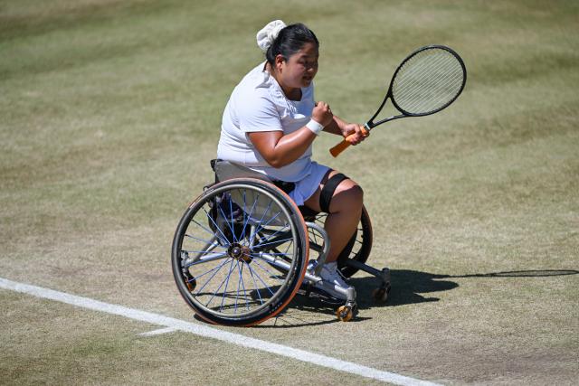 (250712) -- LONDON, July 12, 2025 (Xinhua) -- Wang Ziying celebrates during the women's wheelchair singles final between Wang Ziying of China and Kamiji Yui of Japan at the Wimbledon Tennis Championships in London, Britain, July 12, 2025. (Xinhua/Li Ying)