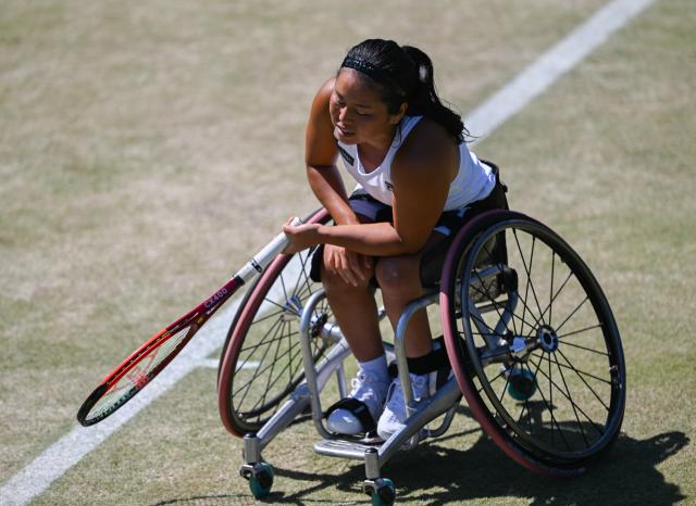 (250712) -- LONDON, July 12, 2025 (Xinhua) -- Kamiji Yui reacts during the women's wheelchair singles final between Wang Ziying of China and Kamiji Yui of Japan at the Wimbledon Tennis Championships in London, Britain, July 12, 2025. (Xinhua/Li Ying)