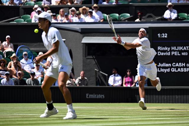 (250712) -- LONDON, July 12, 2025 (Xinhua) -- Rinky Hijikata/David Pel (R) compete during the men's doubles final between Rinky Hijikata (Australia)/David Pel (the Netherlands) and Julian Cash/Lloyd Glasspool of Britain at the Wimbledon Tennis Championships in London, Britain, July 12, 2025. (Xinhua/Zhao Dingzhe)