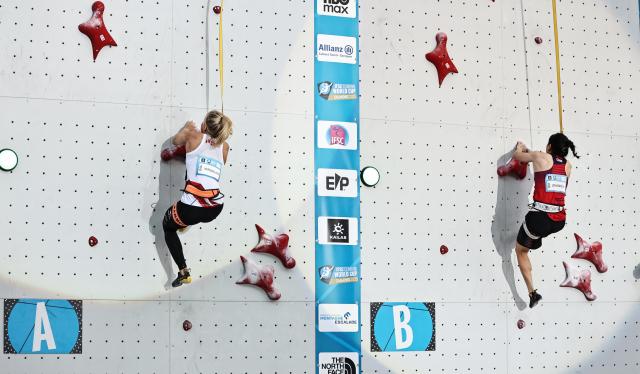 (250713) -- CHARMONIX, July 13, 2025 (Xinhua) -- Aleksandra Miroslaw (L) of Poland and Zhang Shaoqin of China compete during the women's Speed 1/8 finals of sport climbing at the 2025 IFSC Climbing World Cup Speed-Lead in Charmonix, France, July 12, 2025. (Xinhua/Gao Jing)