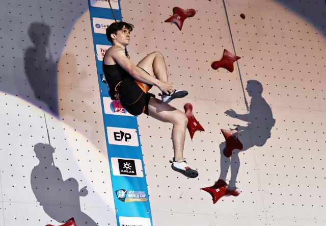 (250713) -- CHARMONIX, July 13, 2025 (Xinhua) -- Samuel Watson of the United States reacts after the men's Speed 1/8 final of sport climbing at the 2025 IFSC Climbing World Cup Speed-Lead in Charmonix, France, July 12, 2025. (Xinhua/Gao Jing)