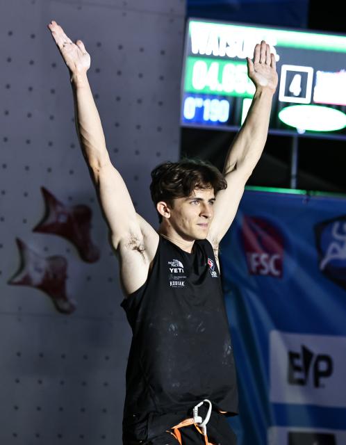 (250713) -- CHARMONIX, July 13, 2025 (Xinhua) -- Samuel Watson of the United States celebrates after the men's Speed final of sport climbing at the 2025 IFSC Climbing World Cup Speed-Lead in Charmonix, France, July 12, 2025. (Xinhua/Gao Jing)