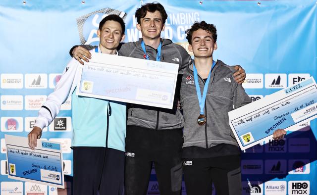 (250713) -- CHARMONIX, July 13, 2025 (Xinhua) -- First-placed Samuel Watson (C) of the United States, second-placed Rishat Khaibullin (L) of Kazakstan and third-placed Zach Hammer of the United States pose during the awarding ceremony for the men's Speed final of sport climbing at the 2025 IFSC Climbing World Cup Speed-Lead in Charmonix, France, July 12, 2025. (Xinhua/Gao Jing)