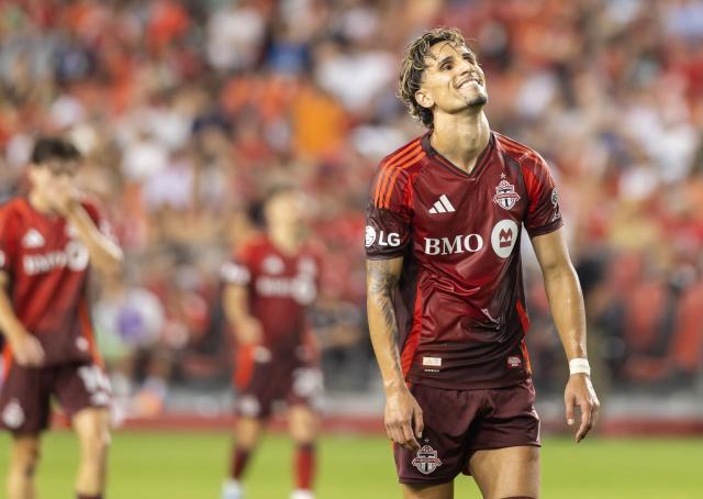(250713) -- TORONTO, July 13, 2025 (Xinhua) -- Theo Corbeanu of Toronto FC reacts after missing a shot during the 2025 Major League Soccer (MLS) regular season match between Toronto FC and Atlanta United FC at BMO Field in Toronto, Canada, on July 12, 2025. (Photo by Zou Zheng/Xinhua)