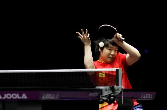 (250713) -- LAS VEGAS, July 13, 2025 (Xinhua) -- Kuai Man of China hits a return during the women's singles semifinal match against Chen Yi of China at the WTT United States Smash 2025 in Las Vegas, the United States, July 12, 2025. (Photo by Qiu Chen/Xinhua)