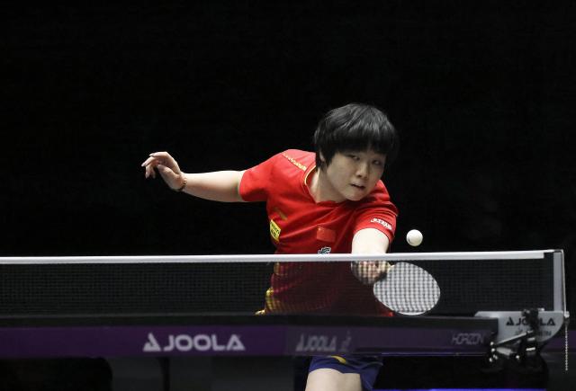 (250713) -- LAS VEGAS, July 13, 2025 (Xinhua) -- Kuai Man of China hits a return during the women's singles semifinal match against Chen Yi of China at the WTT United States Smash 2025 in Las Vegas, the United States, July 12, 2025. (Photo by Qiu Chen/Xinhua)