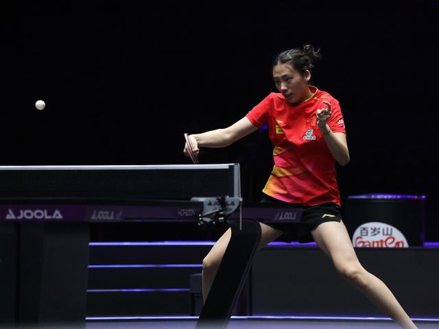 (250713) -- LAS VEGAS, July 13, 2025 (Xinhua) -- Chen Yi of China hits a return during the women's singles semifinal match against Kuai Man of China at the WTT United States Smash 2025 in Las Vegas, the United States, July 12, 2025. (Photo by Qiu Chen/Xinhua)