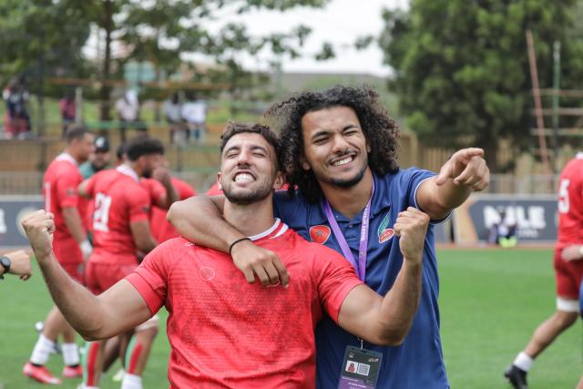 (250713) -- KAMPALA, July 13, 2025 (Xinhua) -- Players of Morocco celebrate after the Rugby Africa Cup 5th place playoff match between Uganda and Morocco in Kampala, Uganda, July 13, 2025. (Photo by Hajarah Nalwadda/Xinhua)