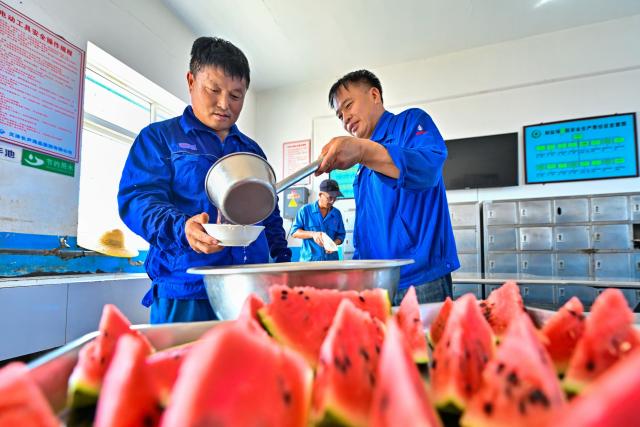 (250713) -- BEIJING, July 13, 2025 (Xinhua) -- Workers have mung bean soup as a summer refreshment at a salt field in north China's Tianjin Municipality, July 13, 2025. A heatwave is sweeping multiple regions in China, prompting authorities to roll out measures to ensure job safety and stable production. (Photo by Du Penghui/Xinhua)