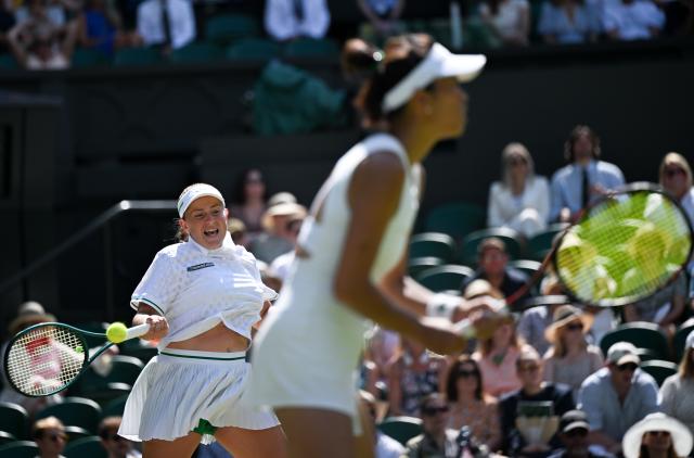 (250713) -- LONDON, July 13, 2025 (Xinhua) -- Hsieh Su-Wei/Jelena Ostapenko (L) compete during the women's doubles final between Hsieh Su-Wei (Chinese Taipei)/Jelena Ostapenko (Latvia) and Veronika Kudermetova (Russia)/Elise Mertens (Belgium) at the Wimbledon Tennis Championships in London, Britain, July 13, 2025. (Xinhua/Li Ying)