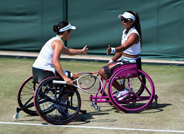 (250713) -- LONDON, July 13, 2025 (Xinhua) -- Angelica Bernal (R)/ Ksenia Chasteau react during the women's wheelchair doubles final between Li Xiaohui/Wang Ziying of China and Angelica Bernal (Colombia)/Ksenia Chasteau (France) at the Wimbledon Tennis Championships in London, Britain, July 13, 2025. (Xinhua/Zhao Dingzhe)