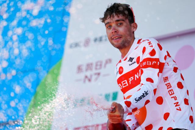 (250713) -- HAIYAN, July 13, 2025 (Xinhua) -- Jon Agirre of Euskaltel-Euskadi celebrates in the polka-dot jersey on the podium after Stage 8 of the Tour of Magnificent Qinghai International Road Cycling Race in Haiyan, northwest China's Qinghai Province, July 13, 2025. (Xinhua/Qi Zhiyue)