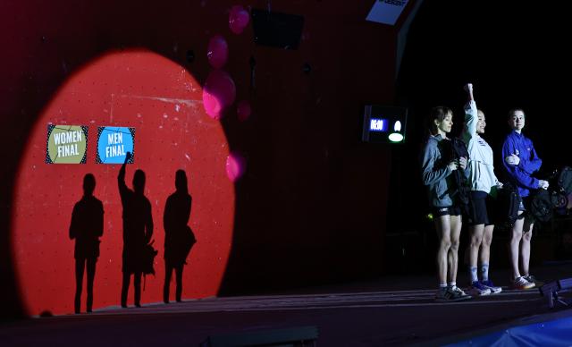 (250714) -- CHAMONIX, July 14, 2025 (Xinhua) -- (L to R) Second-placed Annie Sanders of the United States, first-placed Seo Chaehyun of South Korea and third-placed Erin McNeice of Great Britain react during the awarding ceremony for the women's lead final of sport climbing at the 2025 IFSC Climbing World Cup Speed-Lead in Chamonix, France, July 13, 2025. (Xinhua/Gao Jing)