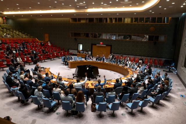 (250714) -- UNITED NATIONS, July 14, 2025 (Xinhua) -- Representatives vote on a draft resolution during a Security Council meeting at the UN headquarters in New York, on July 14, 2025. The Security Council on Monday adopted two separate resolutions to extend the mandates of the UN missions in Haiti and Yemen. (Mark Garten/UN Photo/Handout via Xinhua)