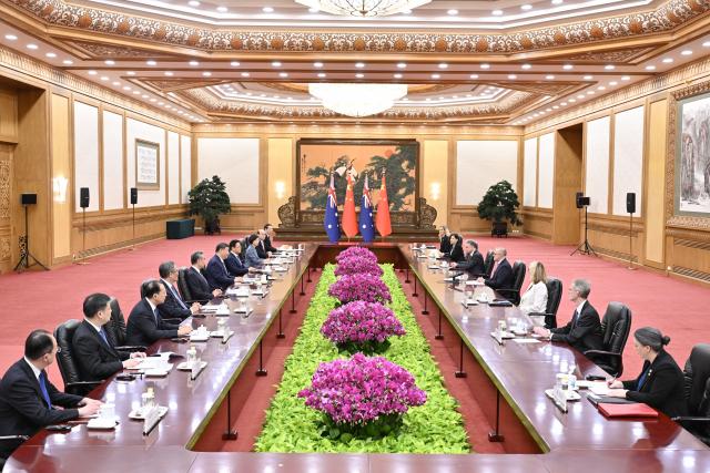 (250715) -- BEIJING, July 15, 2025 (Xinhua) -- Chinese President Xi Jinping meets with Australian Prime Minister Anthony Albanese, who is on an official visit to China, at the Great Hall of the People in Beijing, capital of China, July 15, 2025. (Xinhua/Yin Bogu)