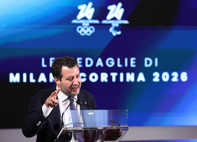 (250716) -- VENICE, July 16, 2025 (Xinhua) -- Italy's Deputy Prime Minister Matteo Salvini speaks during the unveiling ceremony in Palazzo Balbi, Venice, Italy, on July 15, 2025. (Xinhua/Li Jing)