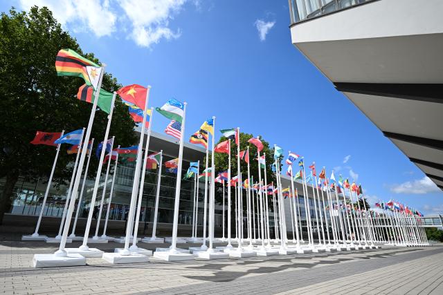 (250716) -- ESSEN, July 16, 2025 (Xinhua) -- Photo taken on July 15, 2025 shows the Flag Plaza for the Rhine-Ruhr 2025 FISU World University Games in Essen,Germany. (Xinhua/Lian Yi)