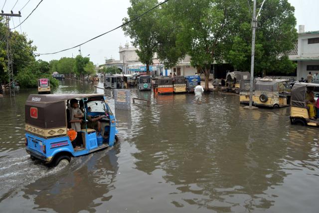 (250716) -- HYDERABAD, July 16, 2025 (Xinhua) -- A flooded area is seen after heavy monsoon rains in southern Pakistan's Hyderabad on July 15, 2025. Torrential monsoon rains and associated incidents have left at least 124 people dead and 264 others injured across Pakistan over the past three weeks, the National Disaster Management Authority (NDMA) said Wednesday. (Str/Xinhua)