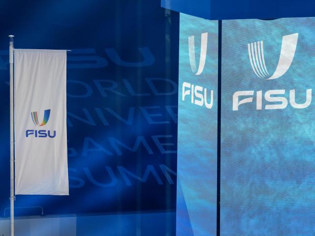 (250717) -- DUISBURG, July 17, 2025 (Xinhua) -- The FISU flag is seen during the opening ceremony of the Rhine-Ruhr 2025 FISU World University Games in Duisburg, Germany, July 16, 2025. (Xinhua/Wang Xi)