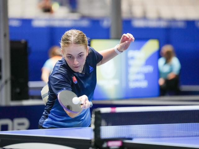 (250719) -- ESSEN, July 19, 2025 (Xinhua) -- Ema Labosova of Slovakia hits a return during the women's team Round of 16 match between China and Slovakia of table tennis at the Rhine-Ruhr 2025 FISU World University Games in Essen, Germany, July 18, 2025. (Xinhua/Wang Xi)