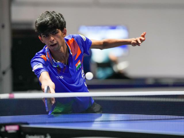 (250719) -- ESSEN, July 19, 2025 (Xinhua) -- Devarsh Vaghela of India hits a return during the men's team round of 16 match of table tennis between China and India at the Rhine-Ruhr 2025 FISU World University Games in Essen, Germany, July 18, 2025. (Xinhua/Wang Xi)