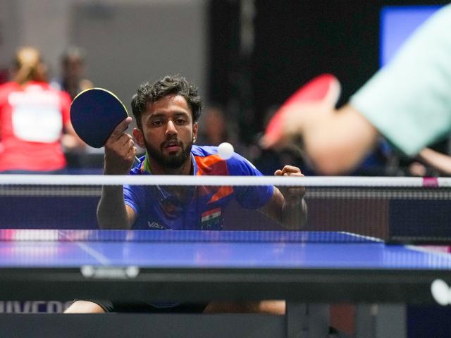 (250719) -- ESSEN, July 19, 2025 (Xinhua) -- Ayaz Murad of India hits a return during the men's team round of 16 match of table tennis between China and India at the Rhine-Ruhr 2025 FISU World University Games in Essen, Germany, July 18, 2025. (Xinhua/Wang Xi)