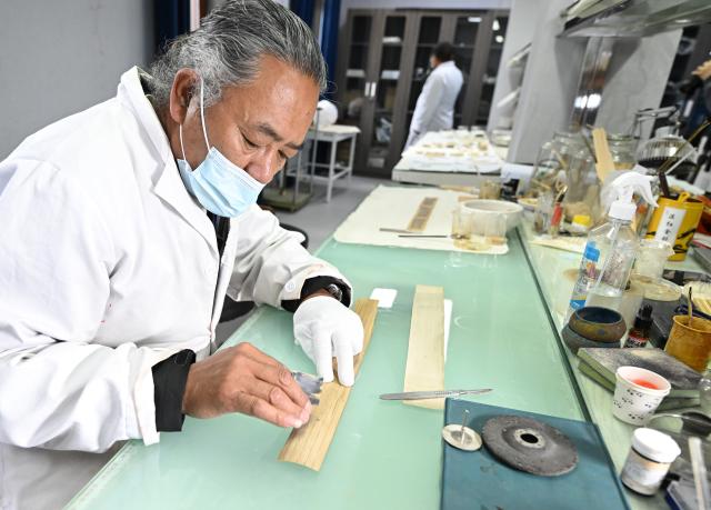 (250719) -- LHASA, July 19, 2025 (Xinhua) -- A member of an expert team on experimental repairing of Pattra-leaf Scriptures works on pattra leaves at Potala Palace in Lhasa, capital of southwest China's Xizang Autonomous Region, May 25, 2025. Pattra-leaf Scriptures, or scriptures written on pattra leaves (often in Sanskrit), is important reference documents for research on the cultural broadcasting and history of south and central Asia. Their contents not only cover Buddhism classics, but also relate to cultures, arts, philosophy, medical science and astronomy.
   The Potala Palace houses nearly 40,000 collections of ancient books and documents in multiple languages. Among the most significant collections are scriptures written on around 30,000 pattra leaves, which, however, have posed for great challenges for repairing due to long time of wearing. 
   In 2018, the State Administration of Cultural Heritage (SACH) started the protection project for ancient documents such as Pattra-leaf Scriptures at Potala Palace. After several years of researches and exploration, experts have made achievement on the repairing of Pattra-leaf Scriptures, discovering the right pattra materials for fixing, ways of making adhesives and colour repairing. (Xinhua/Li He)