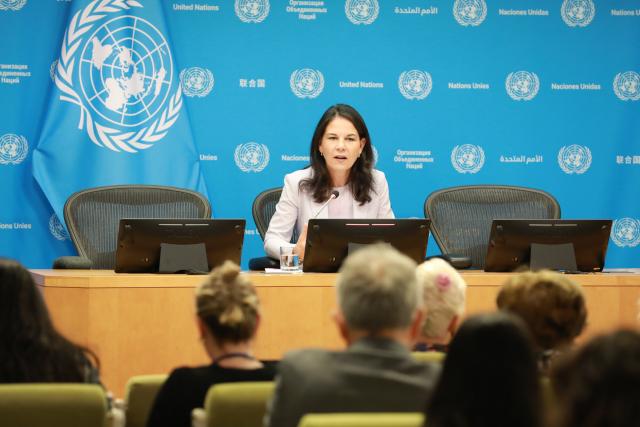(250917) -- UNITED NATIONS, Sept. 17, 2025 (Xinhua) -- Annalena Baerbock, president of the 80th session of the United Nations General Assembly (UNGA), speaks to the press at the UN headquarters in New York, Sept. 17, 2025. The 80th session of the UN General Assembly (UNGA) will focus on such issues as advancing the UN80 reform agenda, guiding the selection of the next UN secretary-general, and regaining momentum on the Sustainable Development Goals (SDGs), said Baerbock on Wednesday. (Xinhua/Xie E)