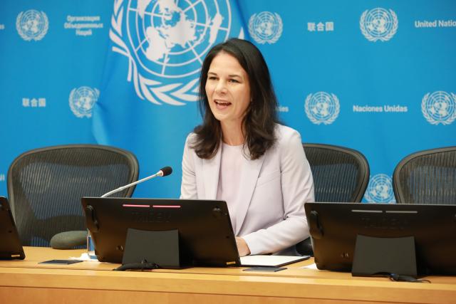 (250917) -- UNITED NATIONS, Sept. 17, 2025 (Xinhua) -- Annalena Baerbock, president of the 80th session of the United Nations General Assembly (UNGA), speaks to the press at the UN headquarters in New York, Sept. 17, 2025. The 80th session of the UN General Assembly (UNGA) will focus on such issues as advancing the UN80 reform agenda, guiding the selection of the next UN secretary-general, and regaining momentum on the Sustainable Development Goals (SDGs), said Baerbock on Wednesday. (Xinhua/Xie E)