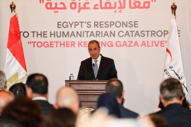 (250917) -- CAIRO, Sept. 17 (Xinhua) -- Egyptian Foreign Minister Badr Abdelatty speaks during an event to honor the Egyptian Red Crescent and its volunteers for their efforts in Gaza humanitarian aid in Cairo, Egypt, on Sept. 17, 2025. Egypt on Wednesday honored the Egyptian Red Crescent (ERC) and its volunteers for sustaining aid to Gaza, reaffirming its humanitarian and political support for the Palestinian people. (Xinhua/Sui Xiankai)