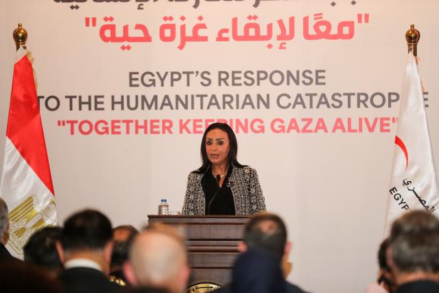 (250917) -- CAIRO, Sept. 17 (Xinhua) -- Egyptian Social Solidarity Minister Maya Morsy speaks during an event to honor the Egyptian Red Crescent and its volunteers for their efforts in Gaza humanitarian aid in Cairo, Egypt, Sept. 17, 2025. Egypt on Wednesday honored the Egyptian Red Crescent (ERC) and its volunteers for sustaining aid to Gaza, reaffirming its humanitarian and political support for the Palestinian people. (Xinhua/Sui Xiankai)