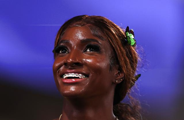 (250918) -- TOKYO, Sept. 18, 2025 (Xinhua) -- Shiann Salmon of Jamaica reacts after the women's 400m hurdles semifinal at the 2025 World Athletics Championships in Tokyo, Japan, Sept. 17, 2025. (Xinhua/Jia Haocheng)