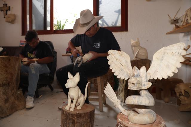(250918) -- OAXACA, Sept. 18, 2025 (Xinhua) -- Artisans carve wood at a workshop in San Antonio Arrazola, Oaxaca State, Mexico, on Sept. 16, 2025. The village of San Antonio Arrazola on the outskirts of Oaxaca City is renowned for its colorful wood carvings. The process of making a wood carving includes chopping out shapes from the wood, carving, polishing, and applying hand-painted designs. These wood carvings often draw inspirations from animals, infused with fantasy and mythological elements. The craft is not only a signature local folk art but also a vital source of income for many local families. (Xinhua/Li Mengxin)