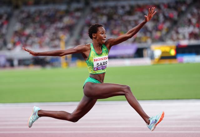 (250918) -- TOKYO, Sept. 18, 2025 (Xinhua) -- Saly Sarr of Senegal competes during the women's triple jump final at the 2025 World Athletics Championships in Tokyo, Japan, Sept. 18, 2025. (Xinhua/Jia Haocheng)