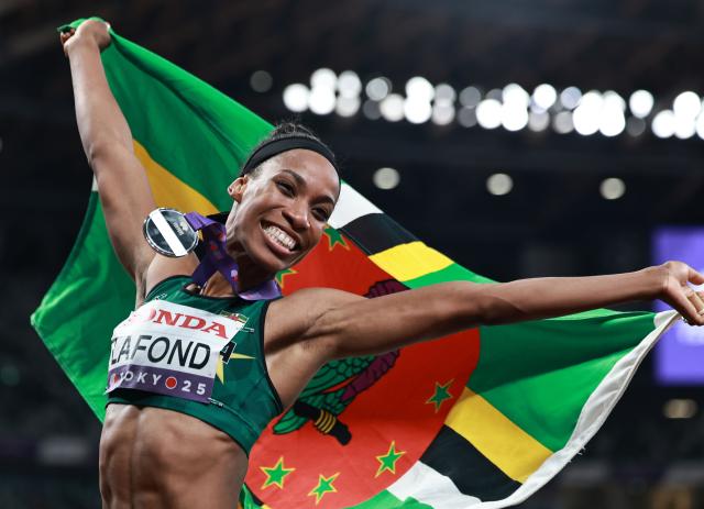 (250918) -- TOKYO, Sept. 18, 2025 (Xinhua) -- Thea Lafond of Commonwealth of Dominica celebrates after the women's triple jump final at the 2025 World Athletics Championships in Tokyo, Japan, Sept. 18, 2025. (Xinhua/Jiang Han)