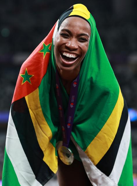 (250918) -- TOKYO, Sept. 18, 2025 (Xinhua) -- Thea Lafond of Commonwealth of Dominica celebrates after the women's triple jump final at the 2025 World Athletics Championships in Tokyo, Japan, Sept. 18, 2025. (Xinhua/Jiang Han)