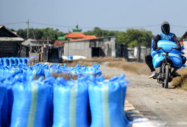 (250918) -- SIDOARJO, Sept. 18, 2025 (Xinhua) -- A farmer rides a motorbike with sacks of salt at Tambak Cemandi village in Sidoarjo, East Java, Indonesia, Sept. 18, 2025. Indonesia aims to achieve salt self-sufficiency by 2027, with the government rolling out a series of programs to boost national salt production capacity, the Ministry of Marine and Fisheries Affairs said at a parliamentary hearing on Tuesday. (Photo by Sahlan Kurniawan/Xinhua)