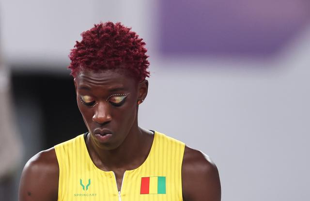 (250918) -- TOKYO, Sept. 18, 2025 (Xinhua) -- Fatoumata Balley of Guinea reacts during the women's high jump qualfication at the 2025 World Athletics Championships in Tokyo, Japan, Sept. 18, 2025. (Xinhua/Jia Haocheng)