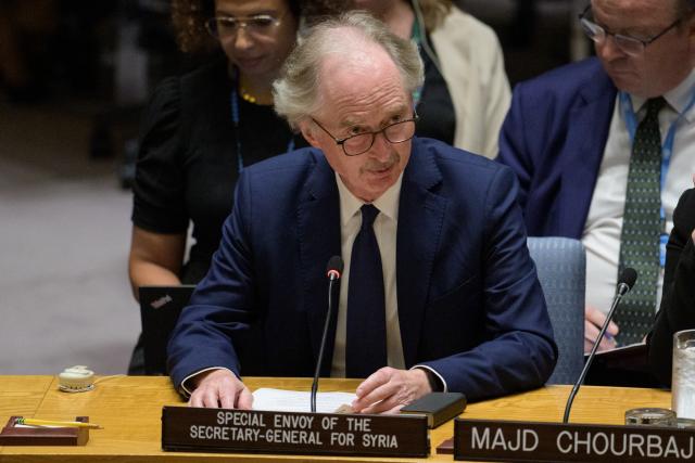 (250918) -- UNITED NATIONS, Sept. 18, 2025 (Xinhua) -- UN Special Envoy for Syria Geir Pedersen speaks at a Security Council meeting at the UN headquarters in New York, Sept. 18, 2025. Pedersen said Thursday that he has resigned for personal reasons. (Manuel Elias/UN Photo/Handout via Xinhua)