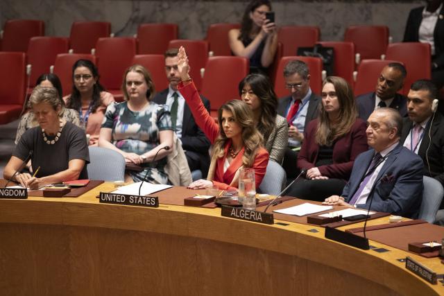 (250918) -- UNITED NATIONS, Sept. 18, 2025 (Xinhua) -- U.S. Deputy Special Presidential Envoy to the Middle East Morgan Ortagus (L, front) votes against a draft resolution during a UN Security Council meeting at the UN headquarters in New York, Sept. 18, 2025. The United States on Thursday vetoed a UN Security Council draft resolution that would have demanded Israel immediately lift all restrictions on humanitarian access and delivery in Gaza. (Xinhua/Xie E)