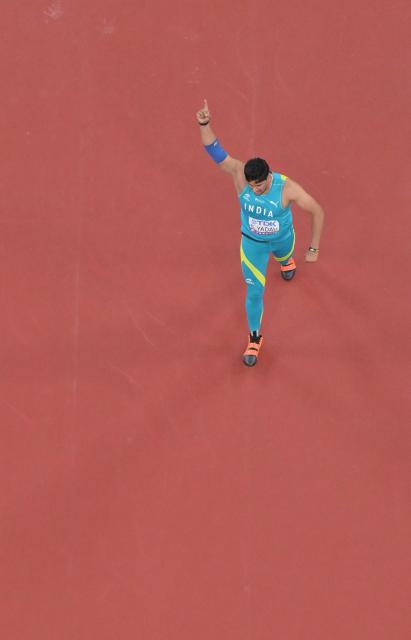 (250919) -- TOKYO, Sept. 19, 2025 (Xinhua) -- Sachin Yadav of India reacts during the men's javelin throw final at the 2025 World Athletics Championships in Tokyo, Japan, Sept. 18, 2025. (Xinhua/Li Ming)