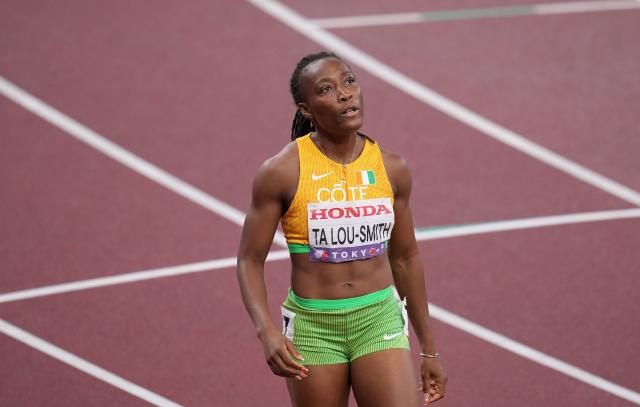 (250919) -- TOKYO, Sept. 19, 2025 (Xinhua) -- Marie-Josee Ta Lou-Smith of Cote d'Ivoire reacts after the women's 200m semifinal at the 2025 World Athletics Championships in Tokyo, Japan, Sept. 18, 2025. (Xinhua/Lui Siu Wai)