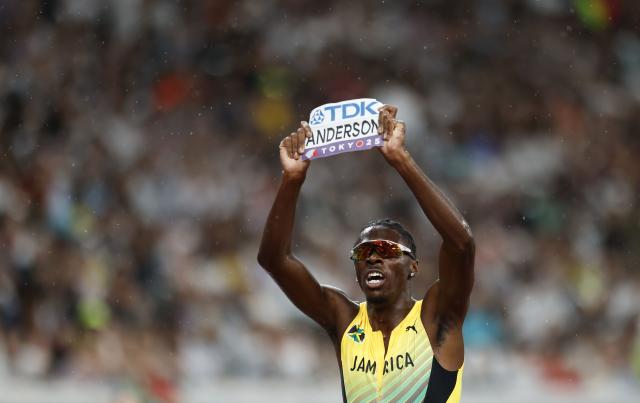 (250919) -- TOKYO, Sept. 19, 2025 (Xinhua) -- Navasky Anderson of Jamaica reacts after the men's 800m semifinal at the 2025 World Athletics Championships in Tokyo, Japan, Sept. 18, 2025. (Xinhua/Wang Lili)