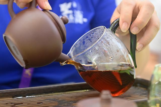 (250919) -- NANNING, Sept. 19, 2025 (Xinhua) -- A staff member serves Liubao tea for visitors at the Nanning International Convention and Exhibition Center in Nanning, capital of south China's Guangxi Zhuang Autonomous Region, Sept. 17, 2025. Liubao tea, a Chinese dark tea known for its strong, lingering fragrance and medicinal properties, boasts a history spanning over 1,500 years. It has attracted thousands of eyes with its presence at the ongoing 22nd China-ASEAN Expo.
   The traditional Liubao tea-making technique is also recognized as a UNESCO Intangible Cultural Heritage subproject. Named after Liubao Town in Wuzhou City, Guangxi, the tea thrives in this region, where mist-covered mountains and a favorable climate have long made it an ideal area for tea cultivation. (Xinhua/Lu Boan)