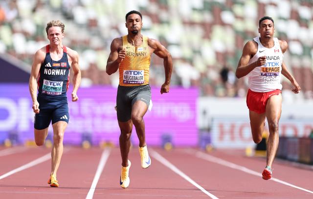 (250920) -- TOKYO, Sept. 20, 2025 (Xinhua) -- Sander Skotheim (L) of Norway, Leo Neugebauer (C) of Germany and Pierce Lepage of Canada compete during the men's decathlon 100m at the 2025 World Athletics Championships in Tokyo, Japan, Sept. 20, 2025. (Xinhua/Jia Haocheng)