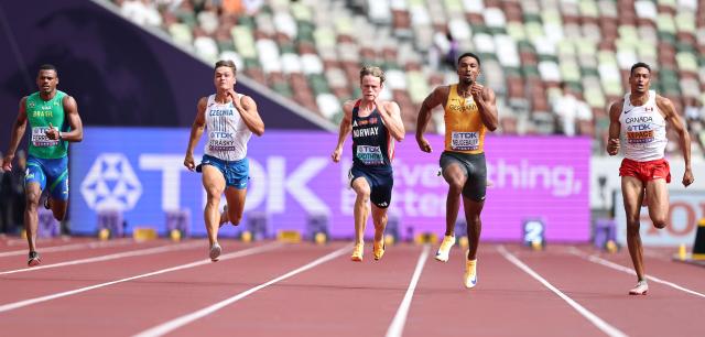(250920) -- TOKYO, Sept. 20, 2025 (Xinhua) -- José Fernando Ferreira of Brazil, Vilem Strasky of the Czech Republic, Sander Skotheim of Norway, Leo Neugebauer of Germany and Pierce Lepage of Canada (from L to R) compete during the men's decathlon 100m at the 2025 World Athletics Championships in Tokyo, Japan, Sept. 20, 2025. (Xinhua/Jia Haocheng)