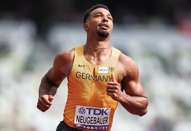 (250920) -- TOKYO, Sept. 20, 2025 (Xinhua) -- Leo Neugebauer of Germany reacts after the men's decathlon 100m at the 2025 World Athletics Championships in Tokyo, Japan, Sept. 20, 2025. (Xinhua/Jia Haocheng)