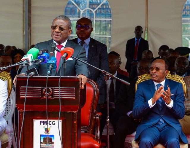 (250930) -- YAOUNDE, Sept. 30, 2025 (Xinhua) -- Cameroonian Prime Minister Joseph Dion Ngute (Front) delivers a speech at the inauguration of the new headquarters building of the Ministry of Public Works, in Yaounde, Cameroon, Sept. 30, 2025. Cameroonian Prime Minister Joseph Dion Ngute on Tuesday inaugurated the headquarters building of the Ministry of Public Works, built by Sinohydro Corporation Limited, a Chinese engineering and construction company. (Xinhua/Kepseu)