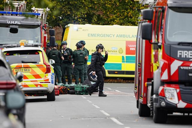 (251002) -- MANCHESTER(BRITAIN), Oct. 2, 2025 (Xinhua) -- Police officers and emergency services are pictured on the scene at Heaton Park Hebrew Congregation Synagogue in Manchester, Britain, Oct. 2, 2025. Police confirmed Thursday afternoon that the attack outside the Heaton Park Hebrew Congregation Synagogue on Middleton Road in Crumpsall, Manchester, has been declared a terrorist incident. (Xinhua)
